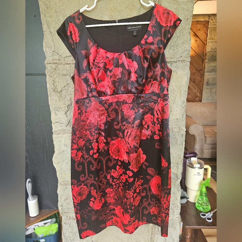 Connected Apparel Black and Red Floral Midi Dress